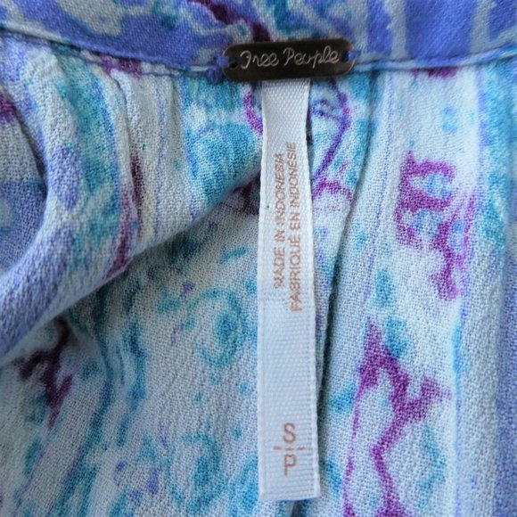 Free People Tunic Top Blue Purple Geo Floral Long Bell Sleeves Ruffle Collar S - Picture 8 of 9